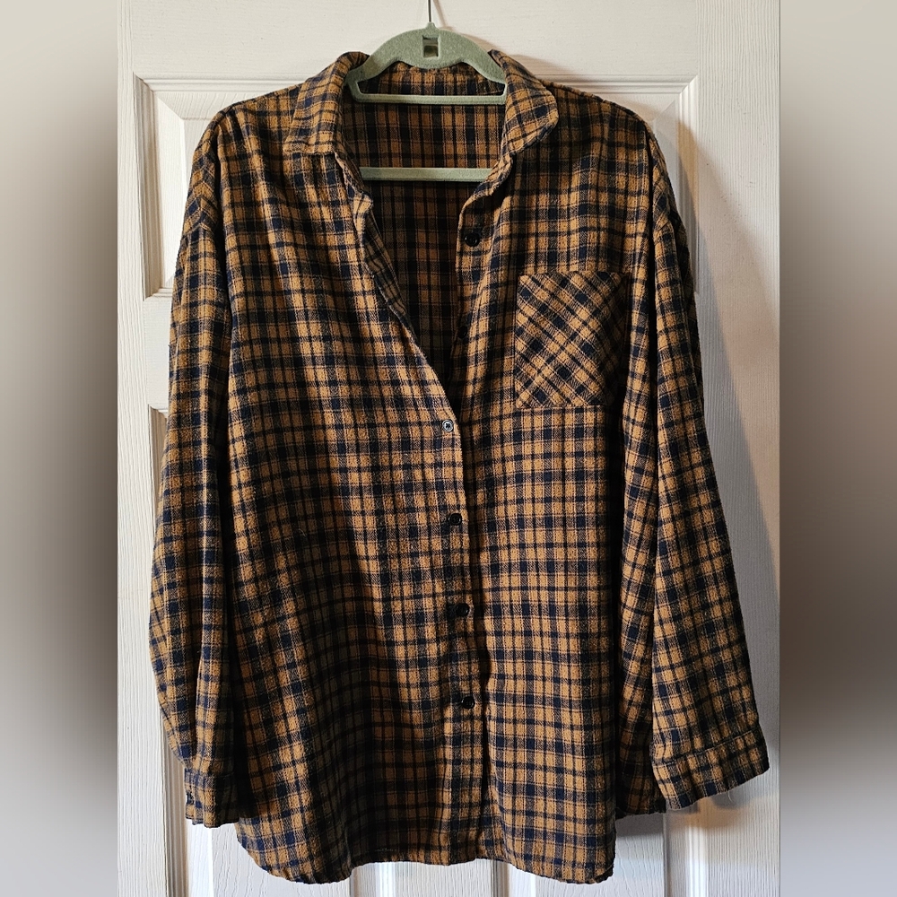 Women's Brown And Navy Plaid Button-Up Shirt